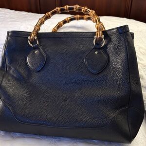 Elegant Black Leather Tote with Bamboo Handles